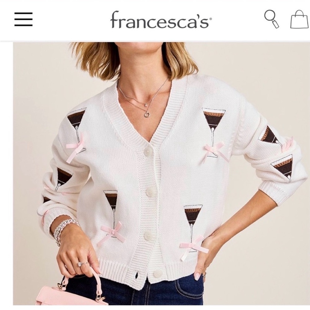 Francesca's Collections Cream Cardigan with Pink Bow Details
